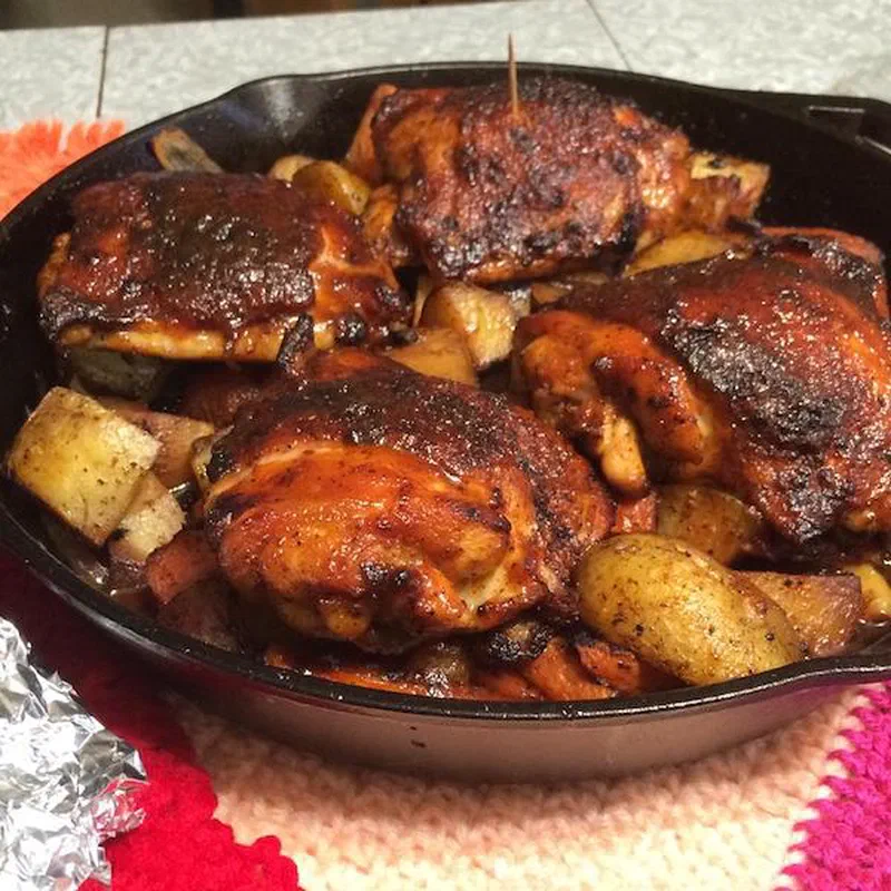 Cast Iron Honey-Sriracha Glazed Chicken with Root Vegetables